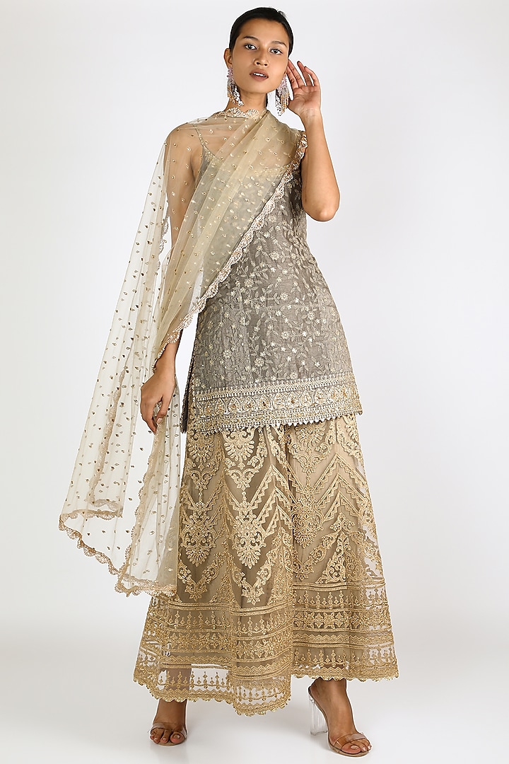 Grey & Gold Embroidered Sharara Set by azuli by nikki