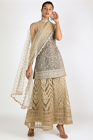 Grey & Gold Embroidered Sharara Set by azuli by nikki
