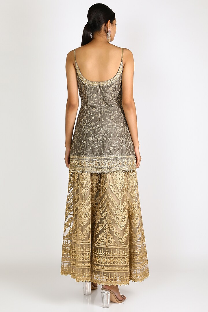 Grey & Gold Embroidered Wedding Sharara Set by azuli by nikki at Pernia's Pop Up Shop