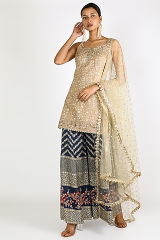 Gold & Royal Blue Embroidered Sharara Set by azuli by nikki