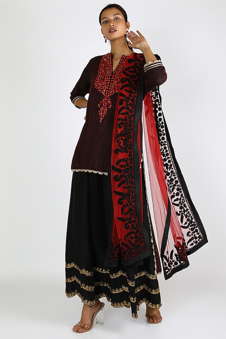 Black & Red Embroidered Sharara Set by azuli by nikki