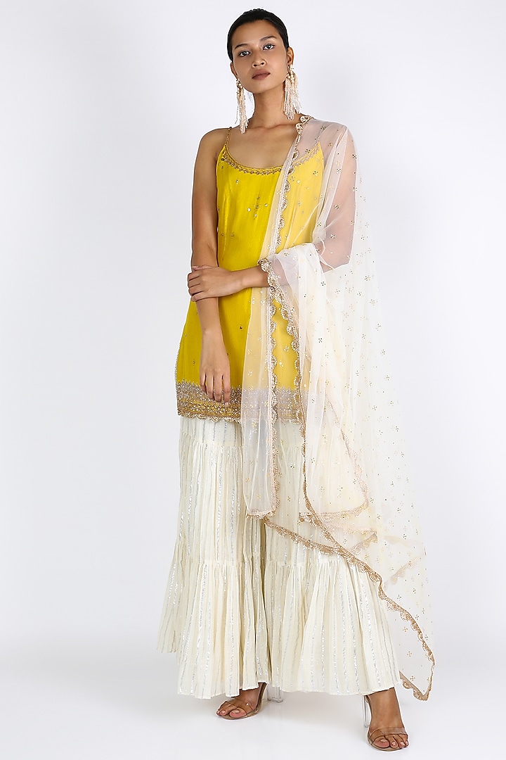 Yellow & White Embroidered Sharara Set by azuli by nikki