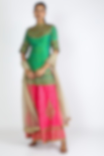 Green & Pink Embroidered Sharara Set by azuli by nikki at Pernia's Pop Up Shop