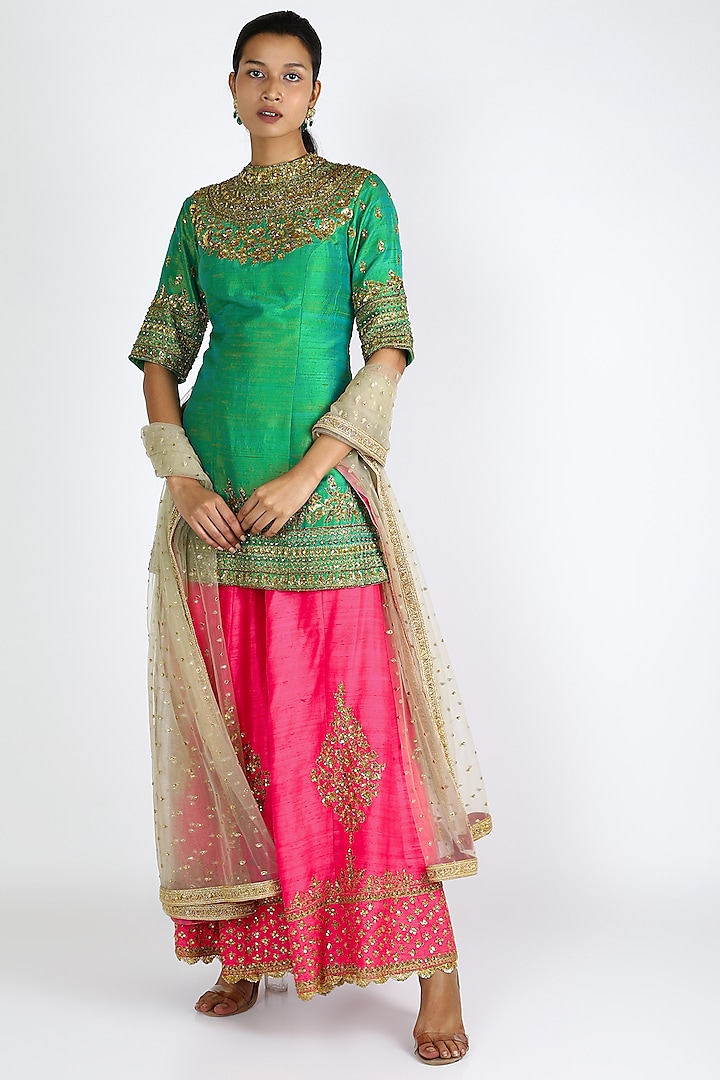Green & Pink Embroidered Sharara Set by azuli by nikki