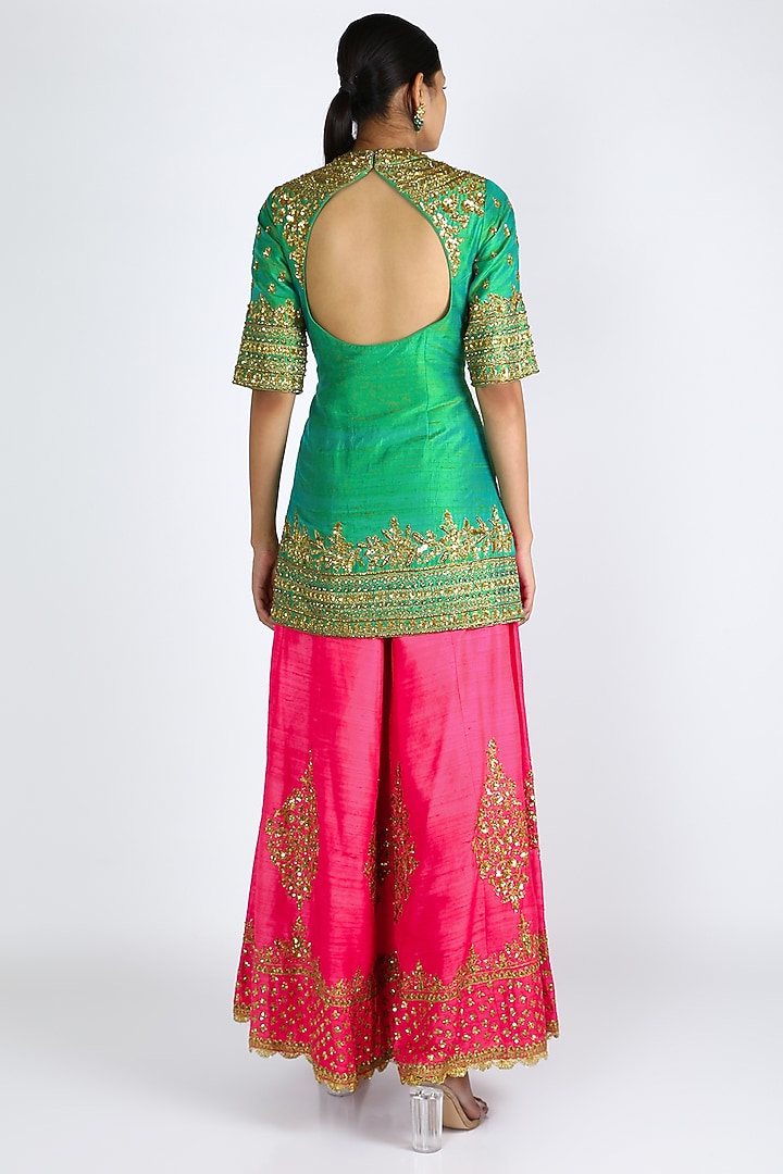 Green & Pink Embroidered Bridal Sharara Set by azuli by nikki at Pernia's Pop Up Shop