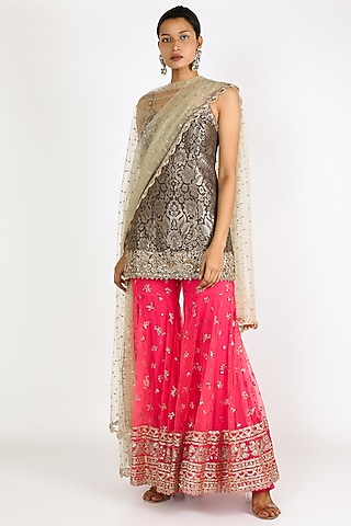 Grey & Pink Embroidered Sharara Set by azuli by nikki