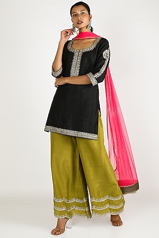 Black & Green Embroidered Sharara Set by azuli by nikki