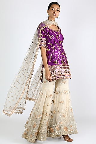 Purple & White Embroidered Sharara Set by azuli by nikki
