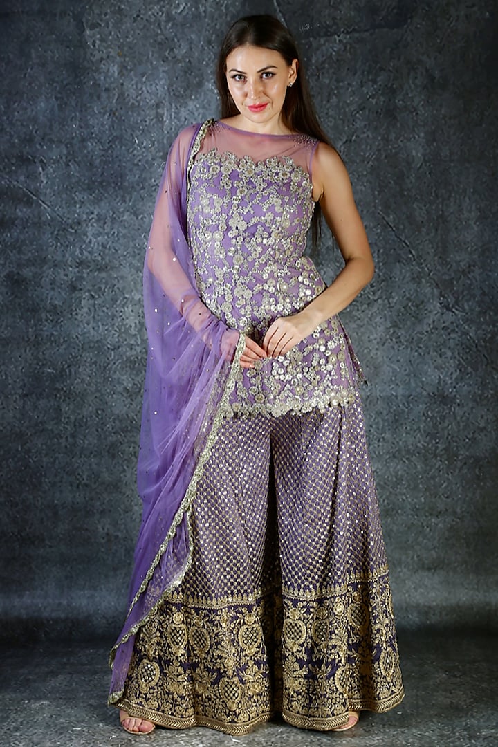 Lilac Embroidered Sharara Set by azuli by nikki