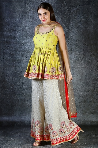 Lime Green Embroidered Sharara Set by azuli by nikki