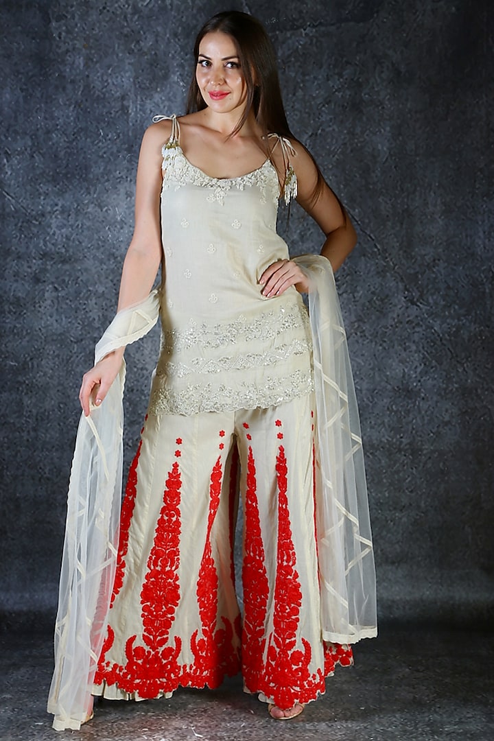 Ivory Embroidered Sharara Set by azuli by nikki
