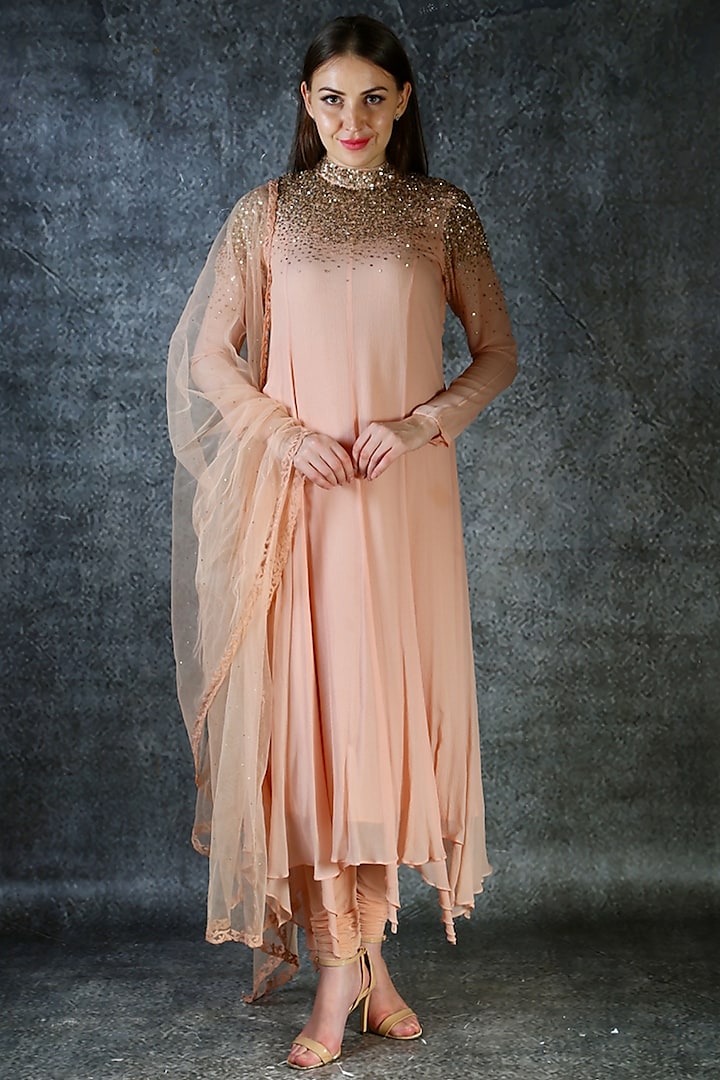 Peach Embroidered Anarkali Set by azuli by nikki at Pernia's Pop Up Shop