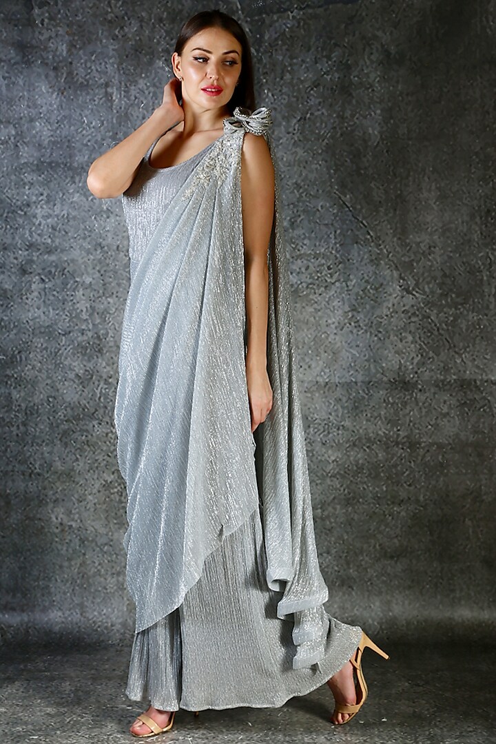Silver Jumpsuit With One Shoulder Drape by azuli by nikki
