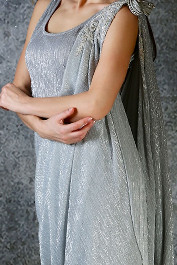 Silver Jumpsuit With One Shoulder Drape by azuli by nikki at Pernia's Pop Up Shop