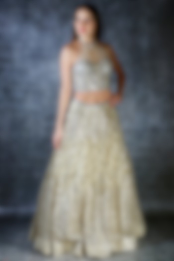 Beige Embroidered Wedding Lehenga Set by azuli by nikki at Pernia's Pop Up Shop