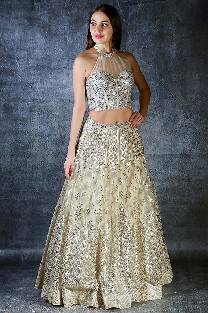Beige Embroidered Wedding Lehenga Set by azuli by nikki at Pernia's Pop Up Shop
