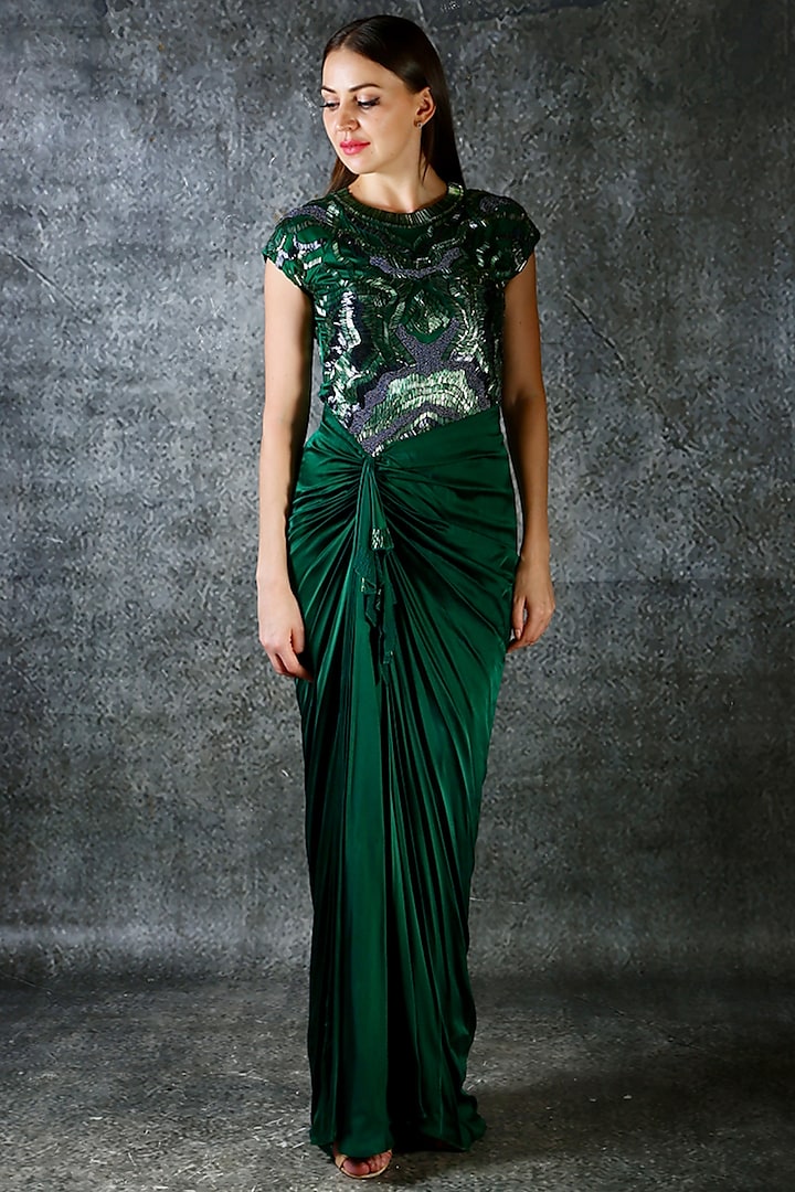 Emerald Green Embroidered Drape Gown by azuli by nikki