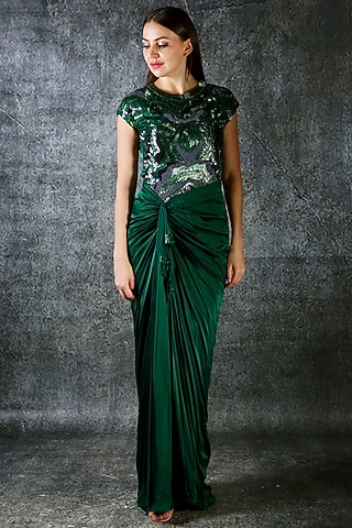 Emerald Green Embroidered Drape Gown by azuli by nikki