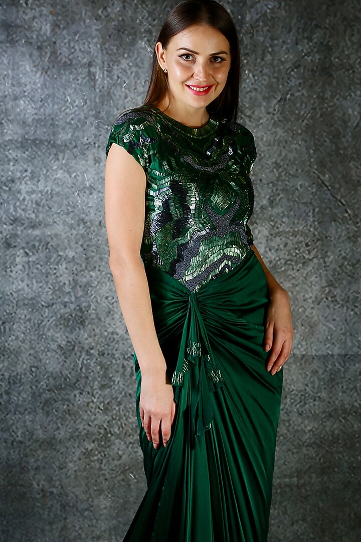 Emerald Green Embroidered Drape Engagement Gown by azuli by nikki at Pernia's Pop Up Shop