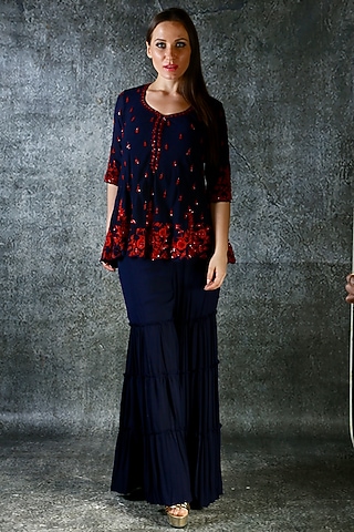Deep Blue Embroidered Gharara Set by azuli by nikki