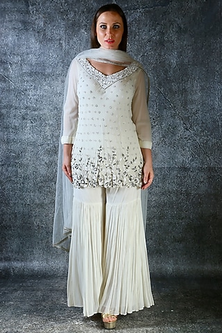 White Embroidered Sharara Set by azuli by nikki
