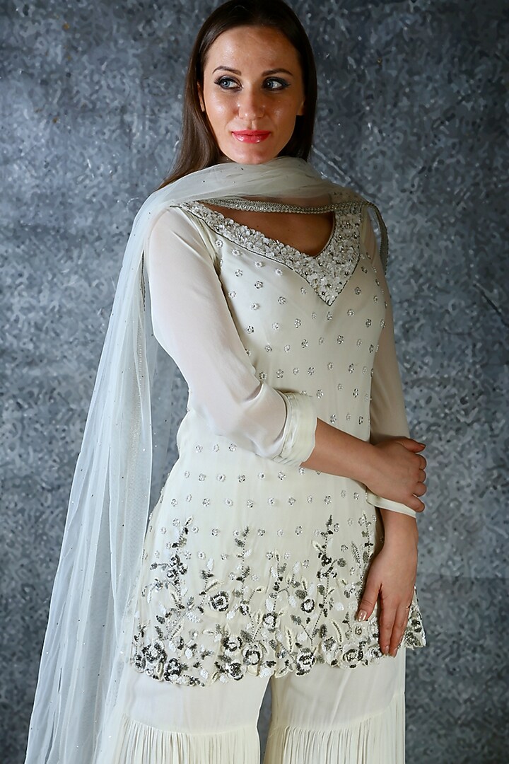 White Embroidered Wedding Sharara Set by azuli by nikki at Pernia's Pop Up Shop