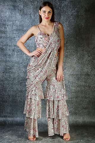 Silver Embroidered Draped Pant Set by azuli by nikki