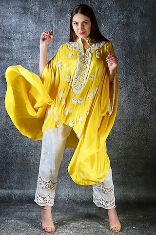 Turmeric Yellow Embroidered Kaftan Set by azuli by nikki