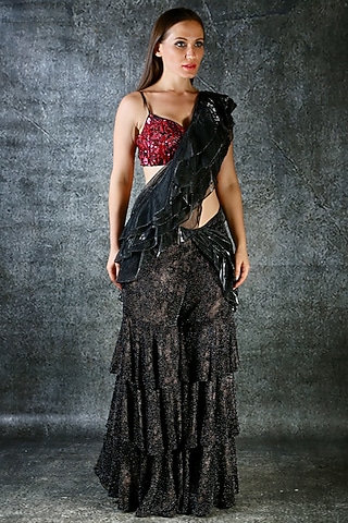 Black Embroidered Pant Saree Set by azuli by nikki