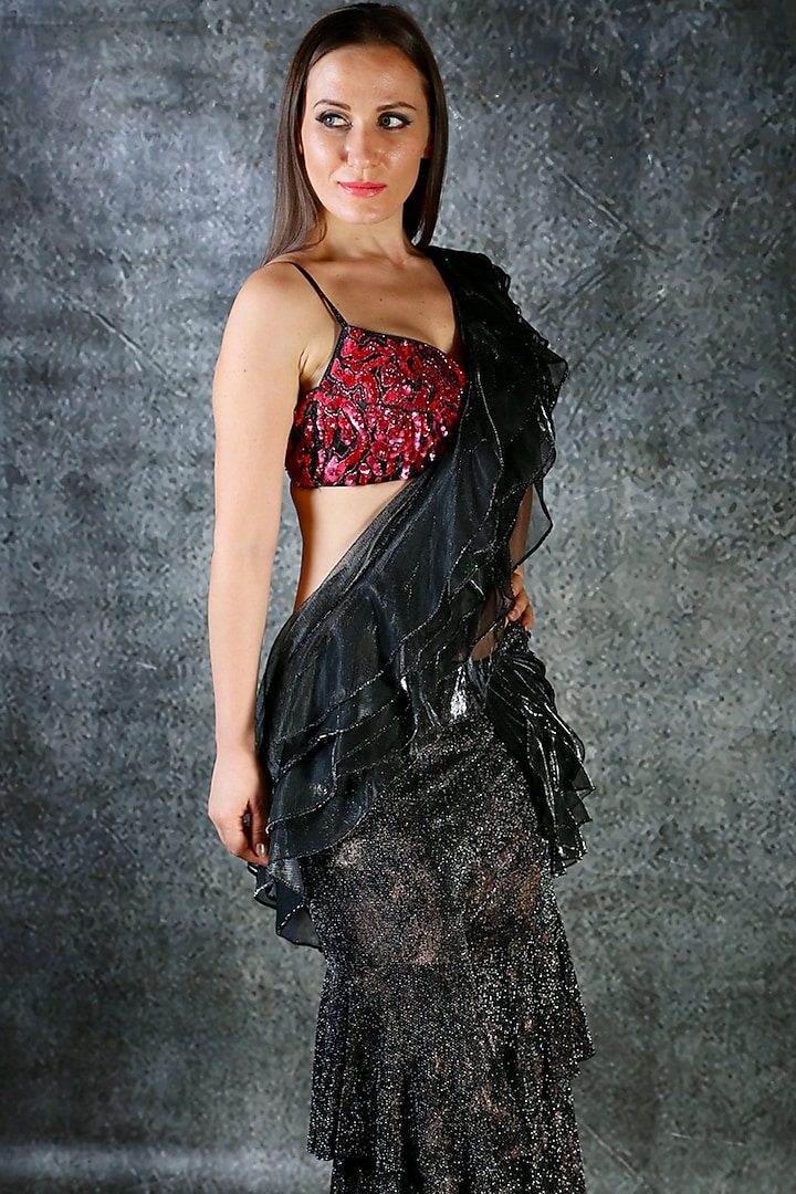 Black Embroidered Pant Wedding Saree Set by azuli by nikki at Pernia's Pop Up Shop