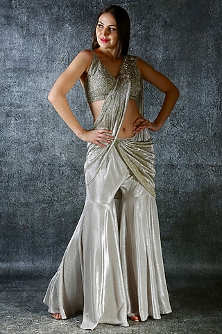 Silver Embroidered Pant Saree Set by azuli by nikki