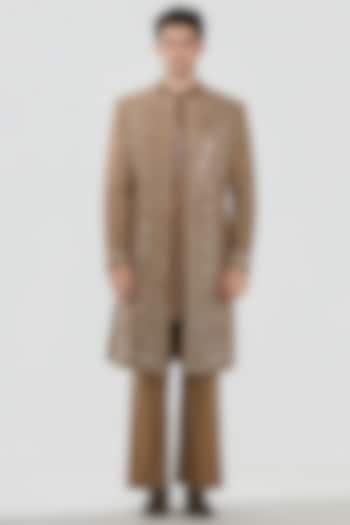Dark Tan Chanderi Mirror Work Groom Indowestern Set by Abhinav Mishra Men at Pernia's Pop Up Shop