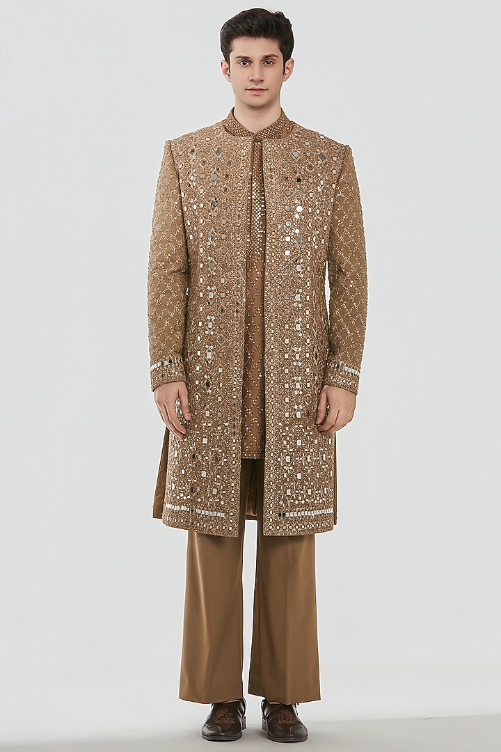 Dark Tan Chanderi Mirror Work Groom Indowestern Set by Abhinav Mishra Men at Pernia's Pop Up Shop