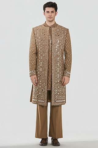 Dark Tan Chanderi Mirror Work Indowestern Set by Abhinav Mishra Men