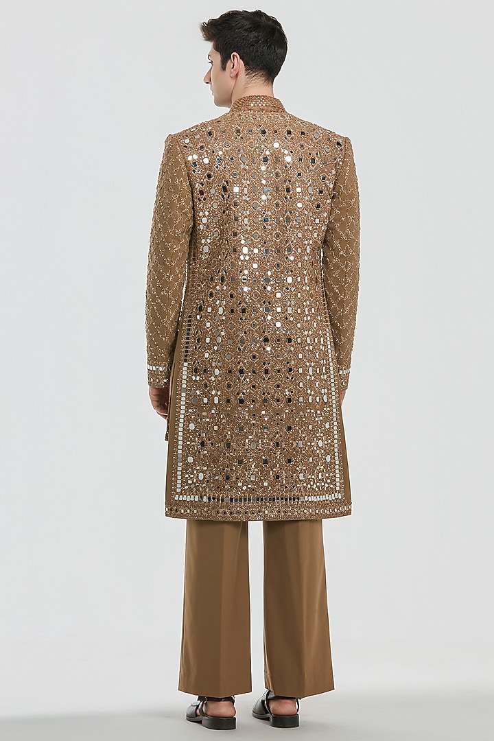 Dark Tan Chanderi Mirror Work Groom Indowestern Set by Abhinav Mishra Men at Pernia's Pop Up Shop