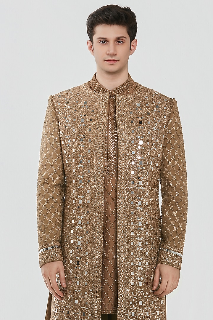 Dark Tan Chanderi Mirror Work Groom Indowestern Set by Abhinav Mishra Men at Pernia's Pop Up Shop