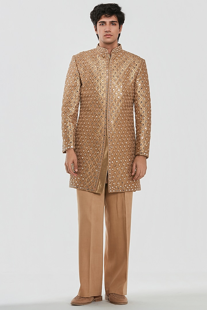 Gold Brocade Threadwork Groom Sherwani Set by Abhinav Mishra Men at Pernia's Pop Up Shop