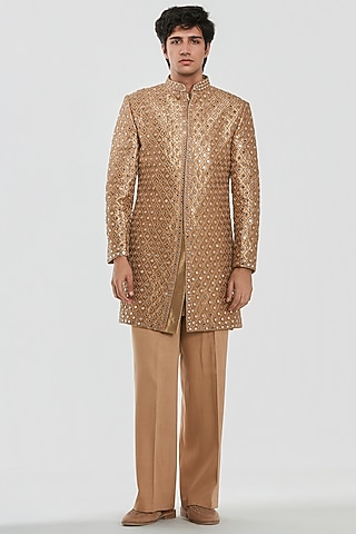 Gold Brocade Threadwork Sherwani Set by Abhinav Mishra Men
