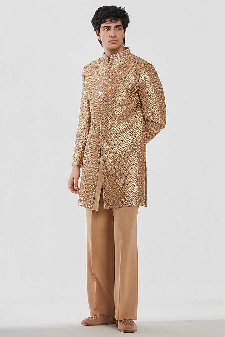 Gold Brocade Threadwork Groom Sherwani Set by Abhinav Mishra Men at Pernia's Pop Up Shop