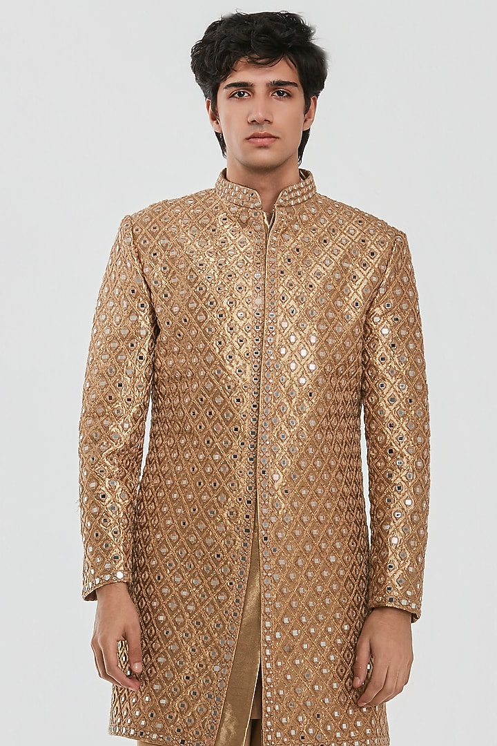 Gold Brocade Threadwork Groom Sherwani Set by Abhinav Mishra Men at Pernia's Pop Up Shop