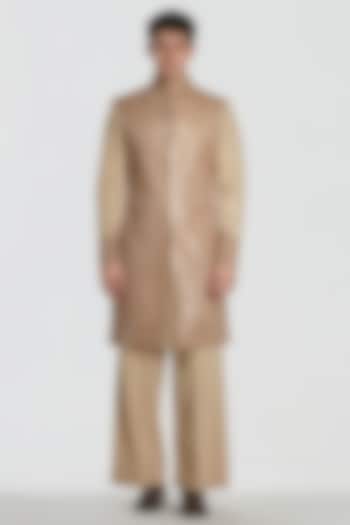 Beige Gold Chanderi Mirror Work Groom Sherwani Set by Abhinav Mishra Men at Pernia's Pop Up Shop