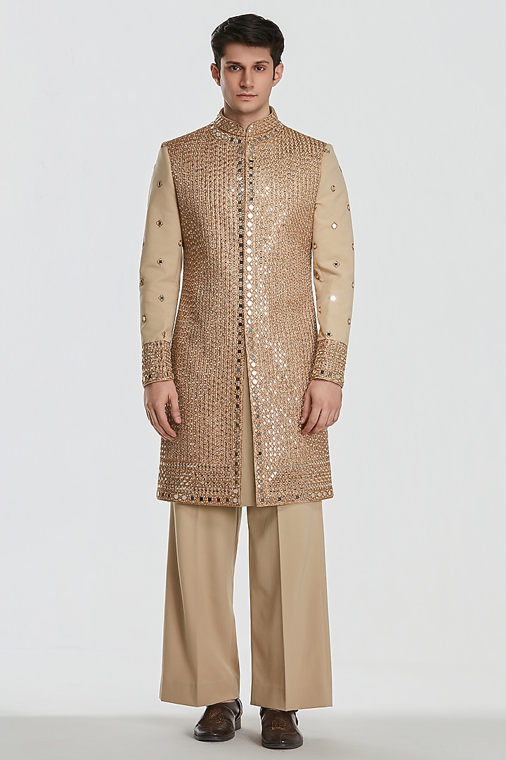 Beige Gold Chanderi Mirror Work Groom Sherwani Set by Abhinav Mishra Men at Pernia's Pop Up Shop