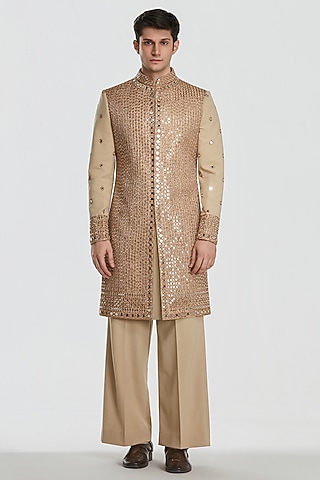 Beige Gold Chanderi Mirror Work Sherwani Set by Abhinav Mishra Men