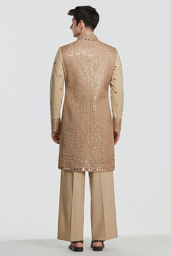 Beige Gold Chanderi Mirror Work Groom Sherwani Set by Abhinav Mishra Men at Pernia's Pop Up Shop