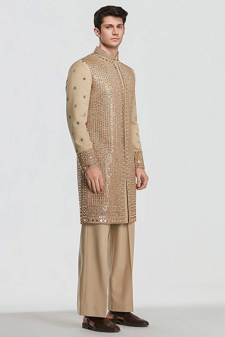 Beige Gold Chanderi Mirror Work Groom Sherwani Set by Abhinav Mishra Men at Pernia's Pop Up Shop