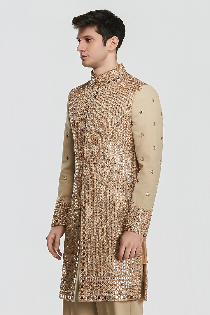 Beige Gold Chanderi Mirror Work Groom Sherwani Set by Abhinav Mishra Men at Pernia's Pop Up Shop