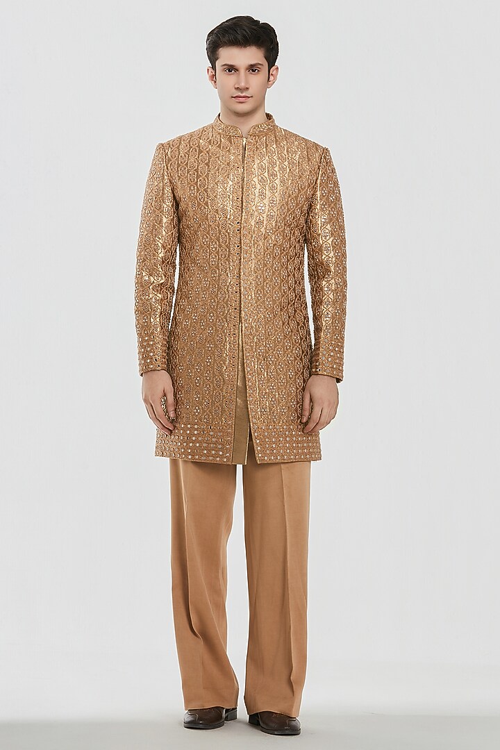 Gold Shimmer Fabric Mirror Work Groom Sherwani Set by Abhinav Mishra Men at Pernia's Pop Up Shop