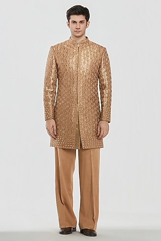 Gold Shimmer Fabric Mirror Work Sherwani Set by Abhinav Mishra Men