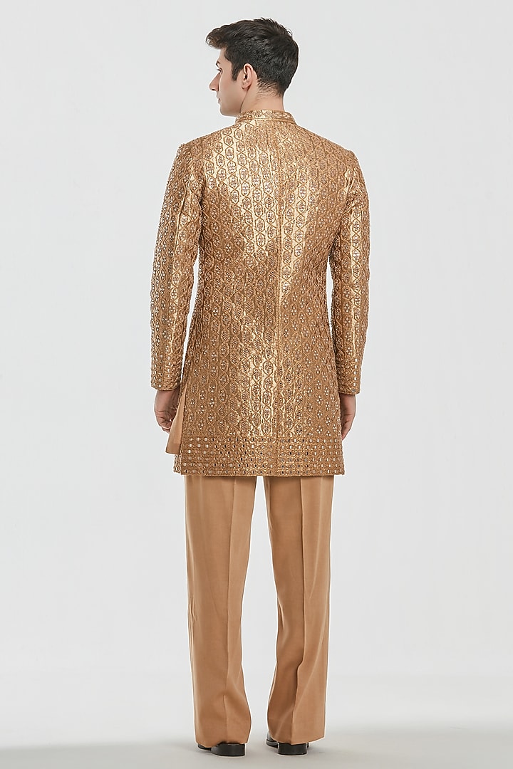 Gold Shimmer Fabric Mirror Work Groom Sherwani Set by Abhinav Mishra Men at Pernia's Pop Up Shop