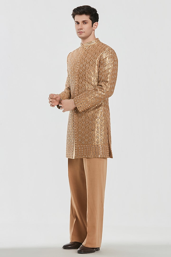 Gold Shimmer Fabric Mirror Work Groom Sherwani Set by Abhinav Mishra Men at Pernia's Pop Up Shop